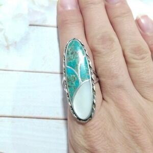N.Lee Navajo Turquoise Ring Sterling Silver 925 Mother of Pearl Native Designer